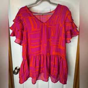 Michelle McDowell Pink and Orange Sleeve Ruffle Blouse Size: XL
